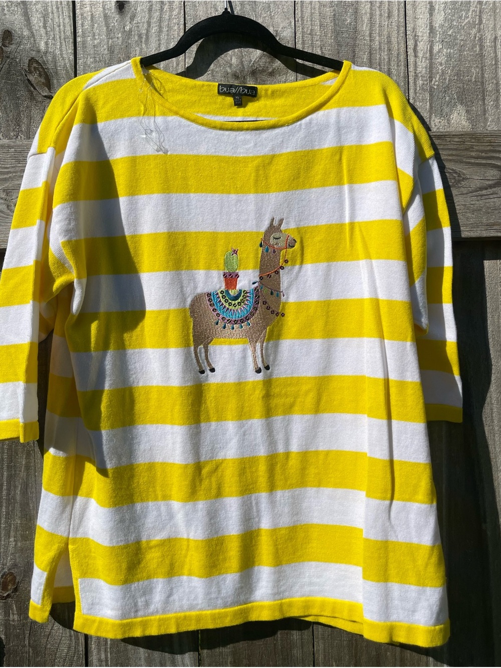 Cotton summer sweater Yellow & White Striped Llama Embroidered Long Sleeve SzXL
